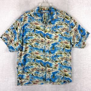 VTG Presence Hawaiian Shirt Mens L Blue Boat Palm Island AOP Rayon Aloha 90s